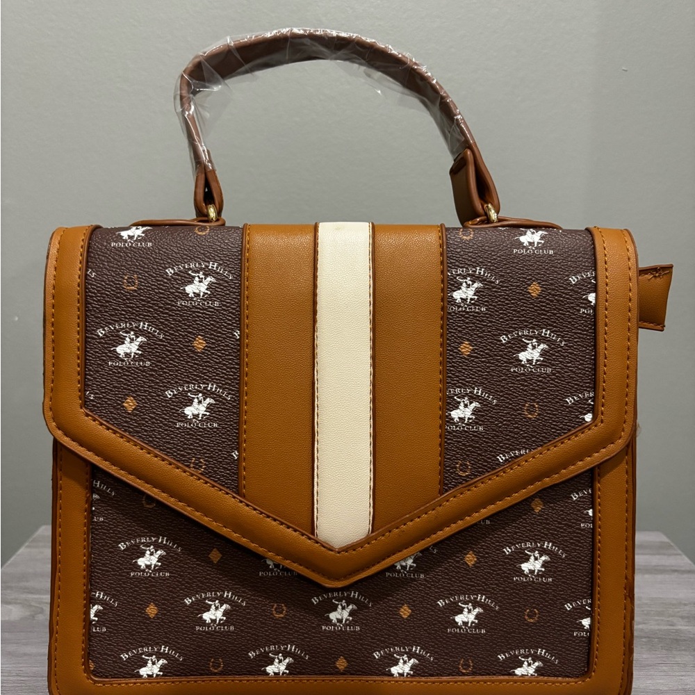Brown and Cream Structured Satchel with Geometric Design